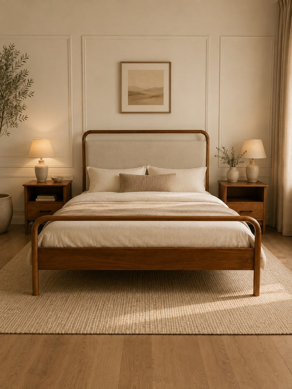 Kamari Acacia Wood Upholstery Bed With Side Tables